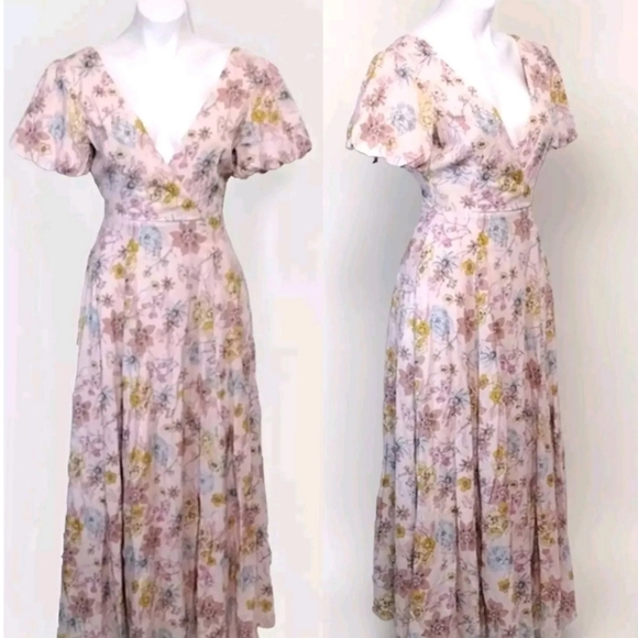 Lulus NWT Floral Print Puff Sleeves Crisscross Open Back Maxi Dress XS - Picture 4 of 15